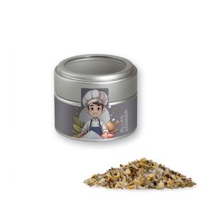 Bio Gewürzmischung Alleskönner in silbener Mini Metalldose mit Sichtfenster und Werbebanderole