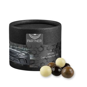 25 g Knusperkugel-Mix in Kraftpapierdose Mini schwarz mit Werbeetikett