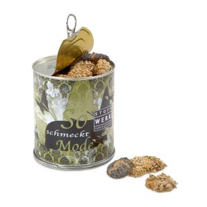 Brot-Chips in Metalldose mit Banderole und Logodruck