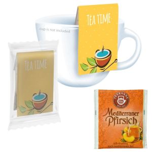 Beuteltee Mediterraner Pfirsich mit Werbereiter und Bedruckung