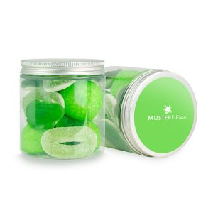 200 g grüner Süßigkeiten-Mix in Naschdose mit Werbeetikett