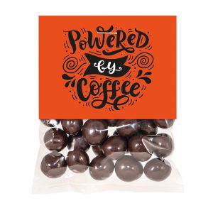 30 g schokolierte Kaffeebohnen im Flachbeutel mit Werbereiter