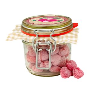 160 g Glühweinbonbons in Herzform im Bügelglas mit Werbeetikett
