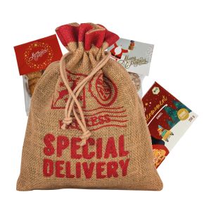 Bio Weihnachtspräsent im Jutesack mit Werbeanbringung