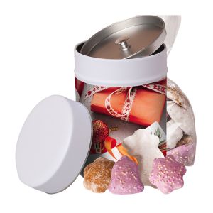 100 g bunter Lebkuchen-Mix in Keksdose mit Werbe-Etikett
