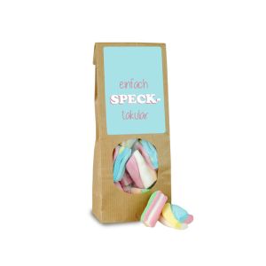 60 g bunte Marshmallows in Natronpapiertüte mit Sichtfenster und Werbeetikett