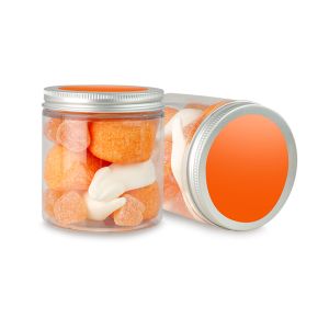 200 g oranger Süßigkeiten-Mix in Naschdose mit Werbeetikett