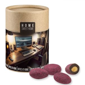 80 g Zartbitter-Himbeer Mandeln in Kraftpapierdose Midi mit Werbeetikett