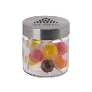 0,35 l Glastiegel befüllt mit Lollies und Werbedruck