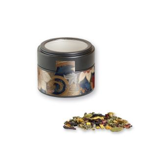 Ayurveda Relax-Tee in schwarzer Mini Metalldose mit Sichtfenster und Werbebanderole