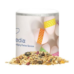 40 g Bio Müsli Erdbeerchen in Pappdose mit Werbedruck