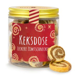 Zimtschnecken in transparenter Dose mit Werbe-Etikett
