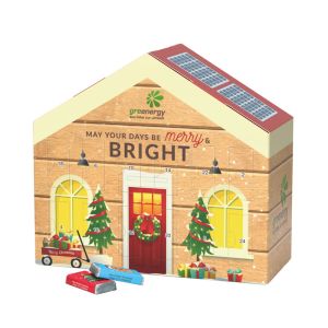 Adventskalender-Haus mit Alpenmilch Schokotäfelchen und Werbedruck