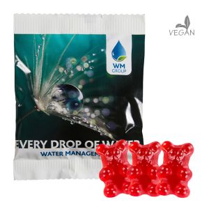 20 g vegane rote Gummibärchen (Himbeere) im Werbetütchen mit Werbedruck