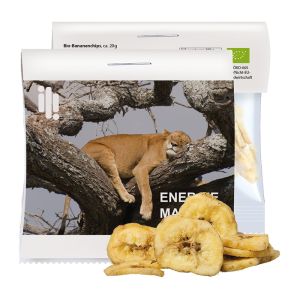 20 g Express Bio Bananenchips im Flowpack mit Werbereiter