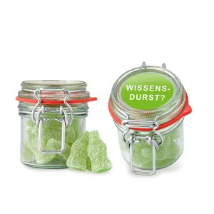 75 g grüne saure Fruchtgummiflaschen im Bügelglas mit Werbeetikett