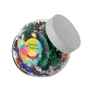 0,9 Liter Schräghalsglas befüllt mit Metallic Sweets und mit Werbeetikett