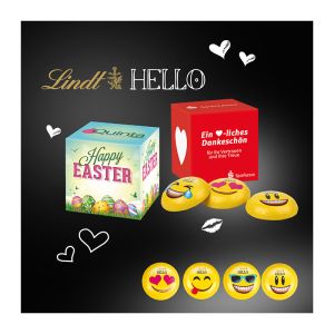 Werbewürfel mit Lindt HELLO Mini Emoti und Logodruck