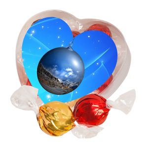 Pralinen in Herz-Box mit Werbe-Etikett und Logodruck