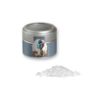 Meersalz in silbener Mini Metalldose mit Sichtfenster und Werbebanderole