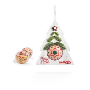 Fruchtgummi Weihnachtskugel mit Werbebanderole in Tannenform