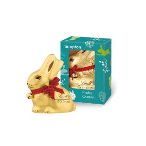 50 g Lindt Goldhase in Werbekartonage (Graspapier) mit Logodruck