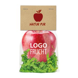 PR LogoApfel im Standbeutel mit Werbereiter