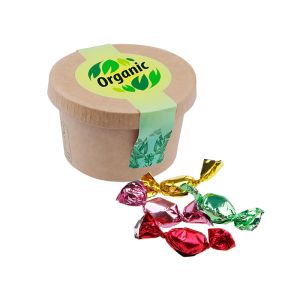 60 g Metallic Sweets im Kartonbechern mit einem Werbe-Flügeletikett