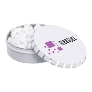 50 g Pfefferminzpastillen in Knochen-Form in Metalldose mit Logodruck