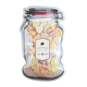 Fruchtherzen im Maxi-Beutel in Weckglas-Form mit Werbeetikett