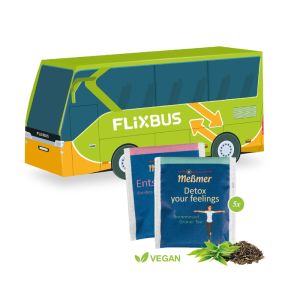 3D Präsent Bus mit Teebeutel von Meßmer und Werbedruck