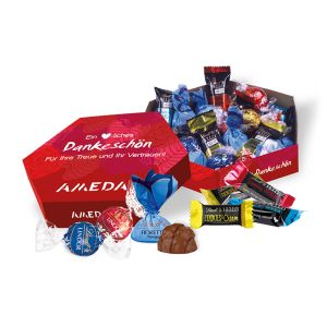 210 g Lindt feine Editions-Mischung in Hexagon-Verpackung mit Werbedruck