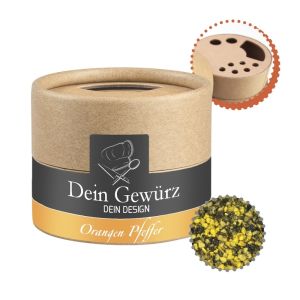 40 g Orangen-Pfeffer Gewürzmischung im Kraftpapierstreuer Mini mit Werbeetikett