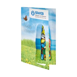 Faltkarte mit Schoko-Osterhase und Werbedruck