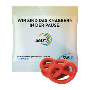 15 g Mini Brezeln mit Erdbeere überzogen im Werbetütchen mit Logodruck