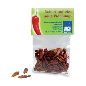 5 g Chilischoten im Tütchen mit Werbereiter und Logodruck
