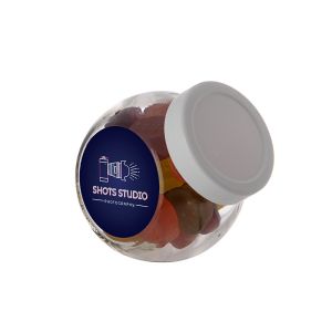 0,2 Liter Schräghalsglas befüllt mit Winegums und mit Werbeetikett