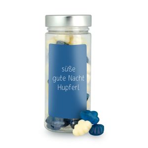 80 g blaue und weiße Fruchtgummi-Wolken in Naschdose mit Werbeetikett