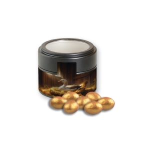 64 g goldene Salted-Caramel-Mandeln in schwarzer Metalldose Mini mit Sichtfenster und Werbeetikett