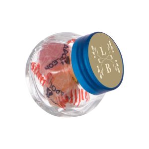 50 ml Schräghalsglas befüllt mit Napoleon Bonbons und mit Werbeetikett