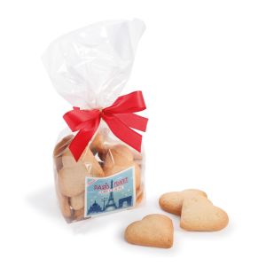 Butterkeks-Herzen im Klarsichtbeutel mit Aufkleber und Logodruck