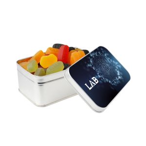 Rechteckige silberne Dose mit Fruchtgummi und Werbedruck