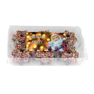 Schoko Weihnachtssterne im Tray mit Werbeetikett