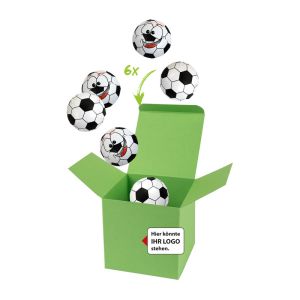 75 g Schoko-Fußbälle in Color-Kicker-Box mit Logodruck