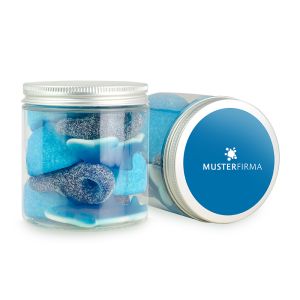200 g blauer Süßigkeiten-Mix in Naschdose mit Werbeetikett