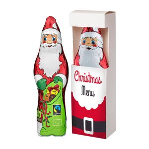 75 g Bio Schoko Weihnachtsmann in Sichtfenster-Faltschachtel mit Logodruck