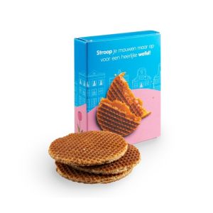 3 Sirupwaffeln in einer Faltschachtel mit Werbedruck