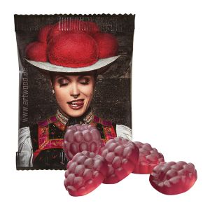 20 g Vegane Bio Fruchtgummi-Himbeeren im Werbetütchen mit Logodruck