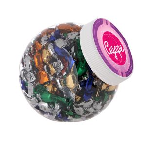 1 Liter Schräghalsglas befüllt mit Metallic Sweets und mit Werbeetikett
