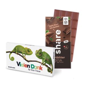 100 g Tafel share Zartbitter 70 % in Versandkartonage mit Werbedruck